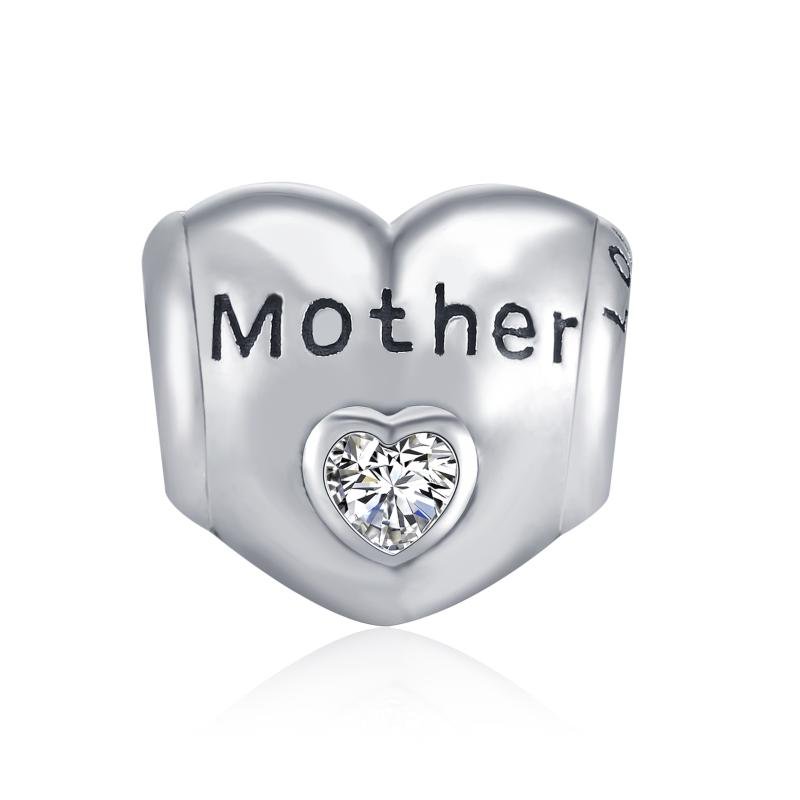 Sterling silver heart zircon bracelet and necklace charm for mothers, featuring a delicate design and sparkling stones.