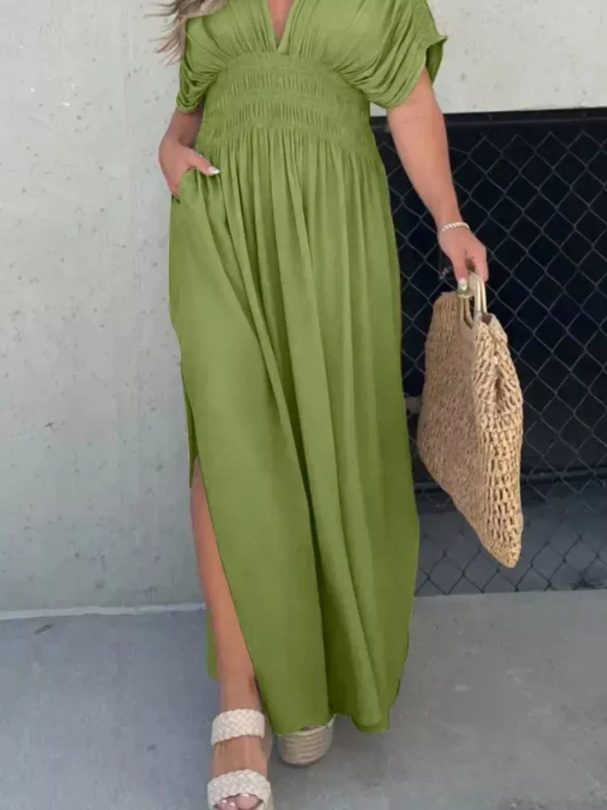 Plus size full slit V-neck smocked waist maxi dress from Plush Fashion Hub, featuring a flowing silhouette and elegant design.