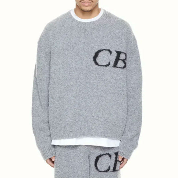 Unisex Casual Oversized CB Letter Knit Crew Neck Sweater