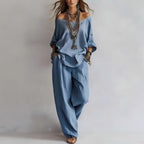 FitiqueFit chiffon puff-sleeve top and wide-leg pants casualwear set in vibrant colors, featuring flowy fabric and relaxed fit.