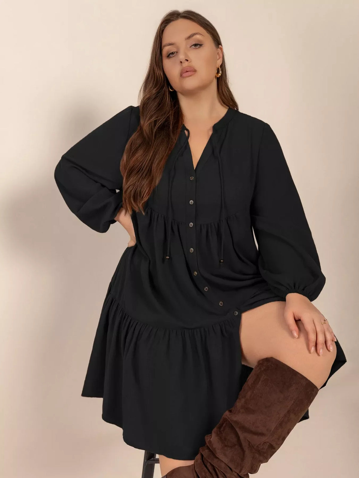Plus size button front balloon sleeve dress by Plush Fashion Hub, featuring a flattering fit and stylish design.