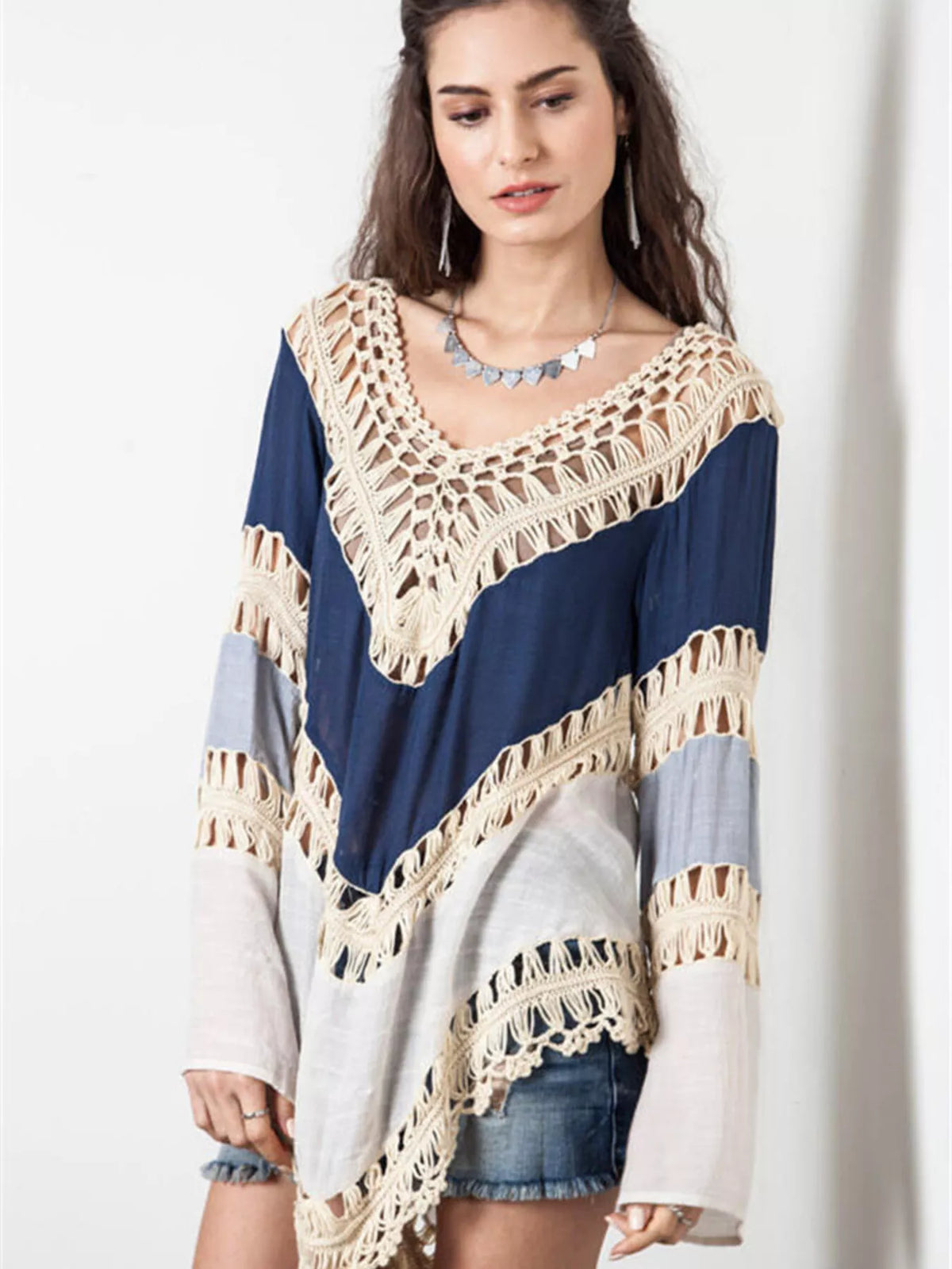 Crochet trimmed long sleeve swim cover up from Plush Fashion Hub, lightweight beachwear with detailed crochet accents.