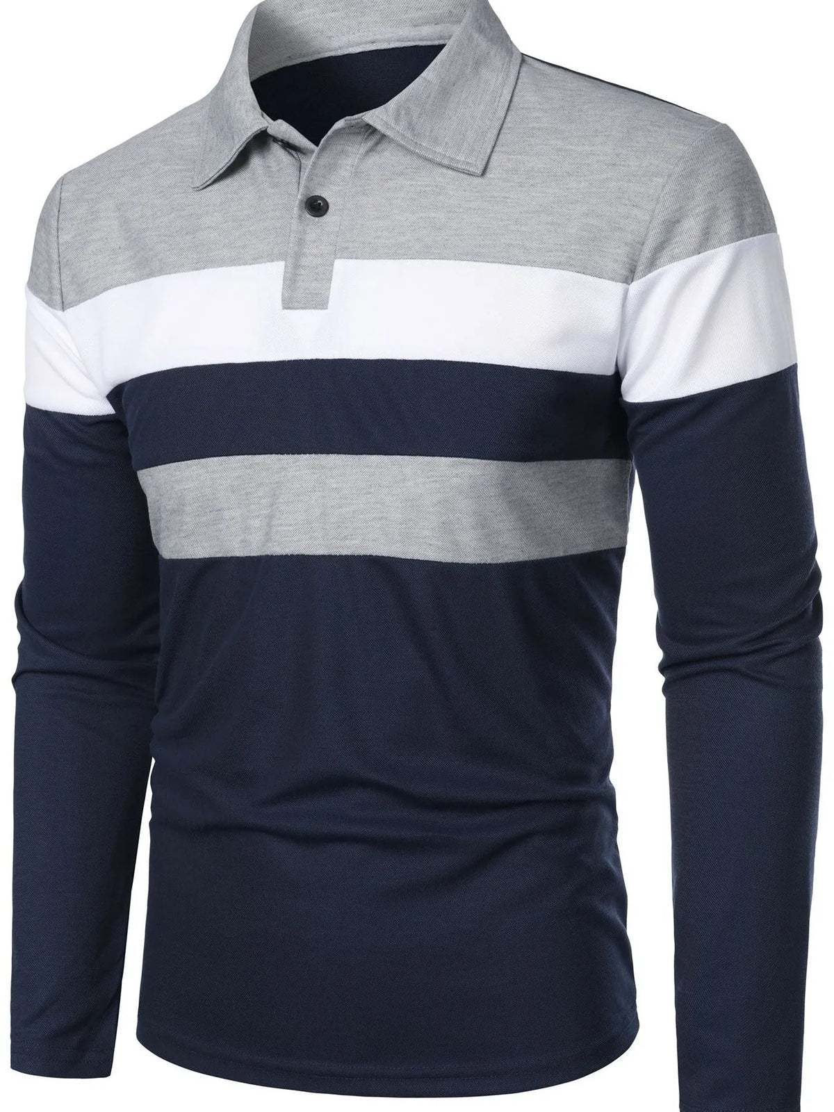 Men's full-size color block long sleeve polo shirt by Trendsi, featuring a stylish multicolor design and classic collar.
