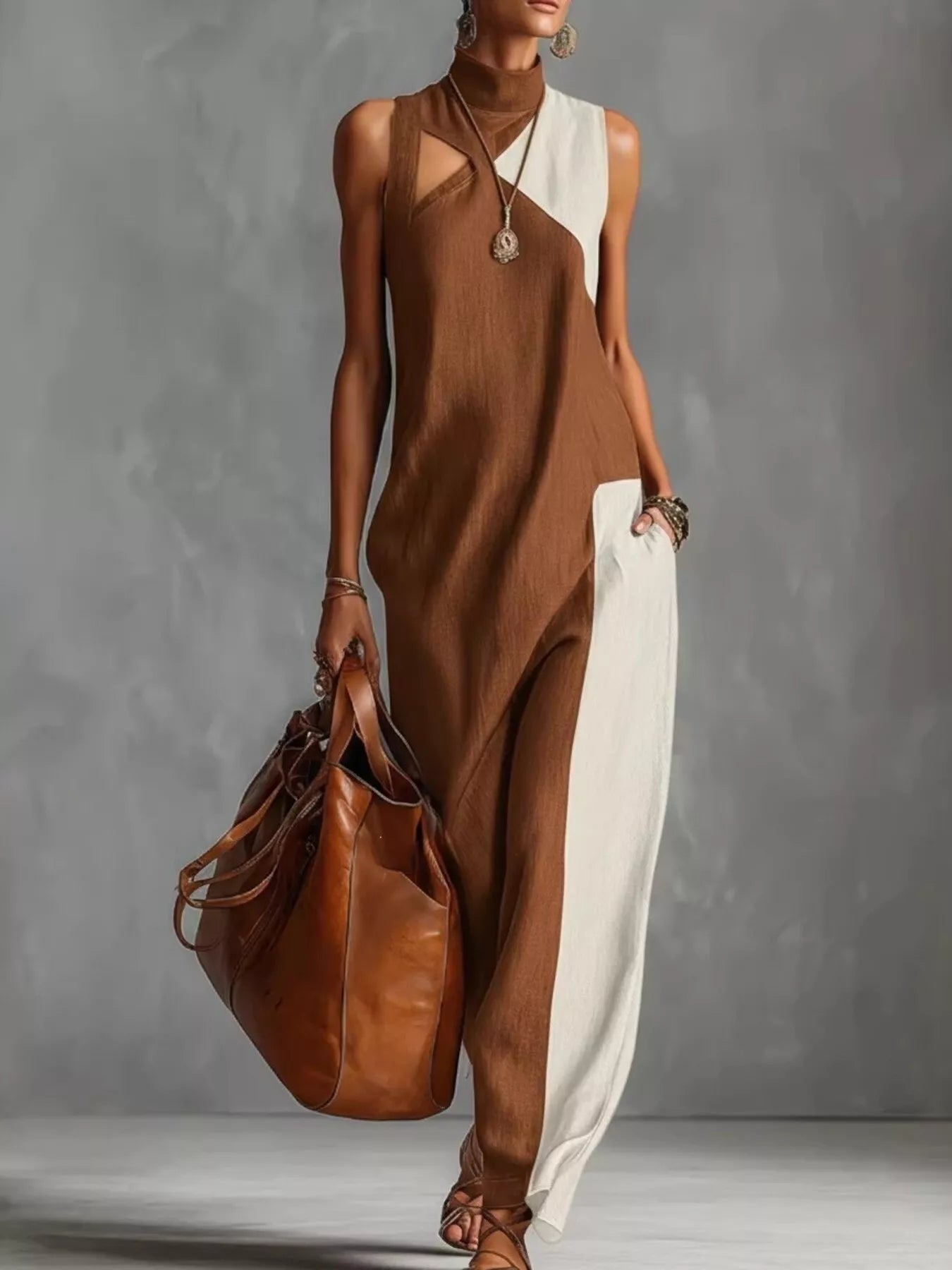Plus size color block maxi dress with mock neck and sleeveless design by Trendsi, full-length dress in vibrant color blocks.