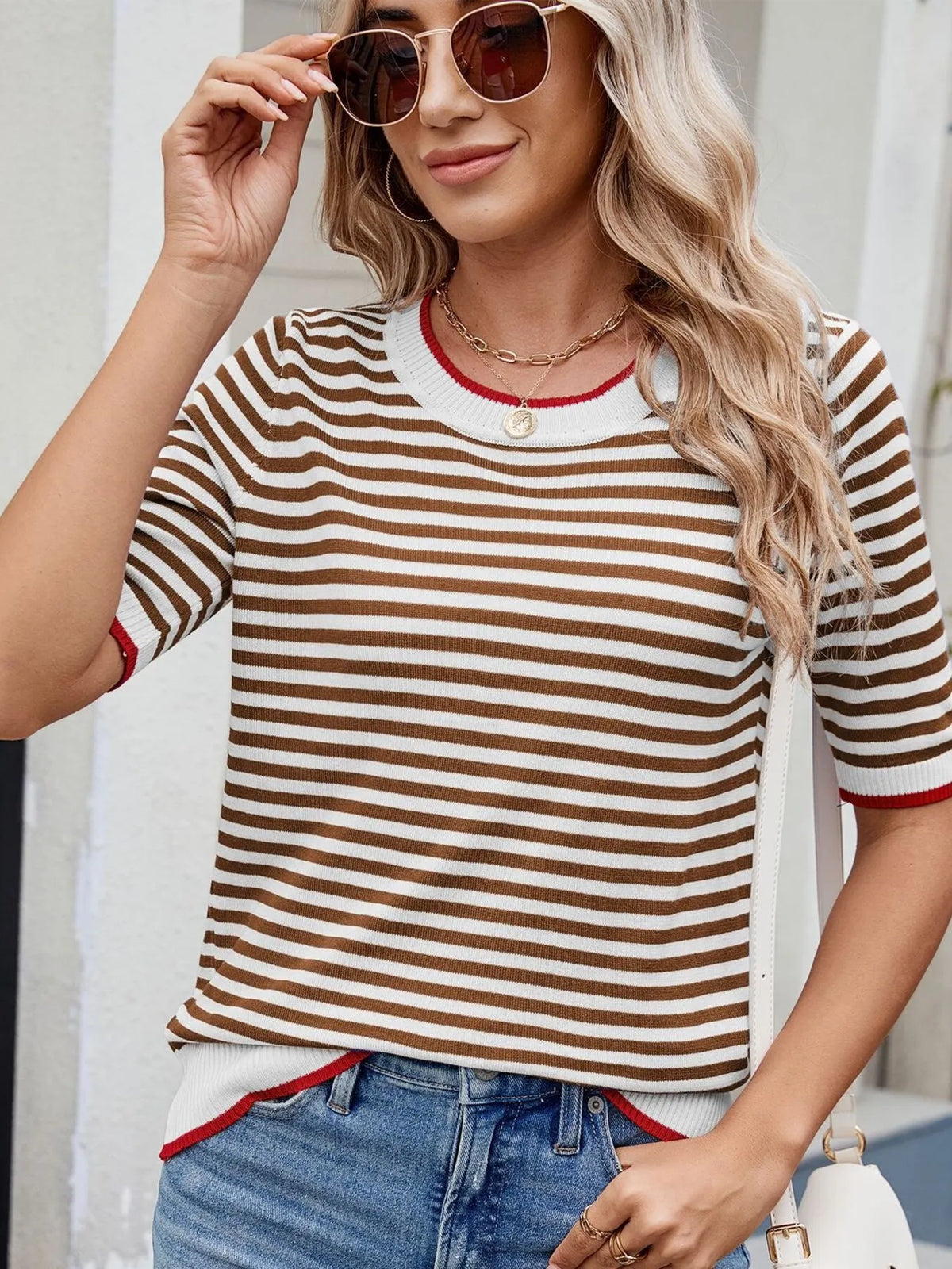 Striped casual T-shirt with contrast trim from Plush Fashion Hub, featuring a comfortable fit and stylish design.