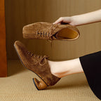 Women's retro sheepskin square toe chunky heel pumps with lace-up mid heel, stylish footwear by Plush Fashion Hub.