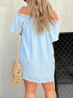 Plus size off-shoulder denim dress with button-down front and frayed hem, stylish Trendsi women's casual dress.