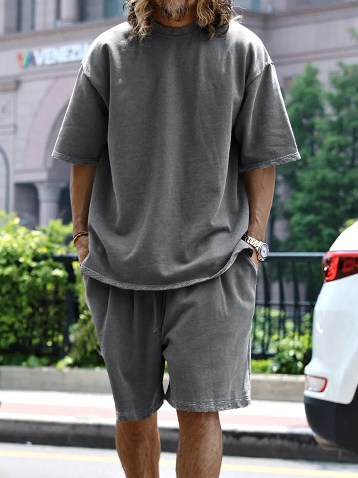 Men's relaxed fit T-shirt and shorts set by Plush Fashion Hub, plus size casual tops and shorts for comfortable everyday wear.