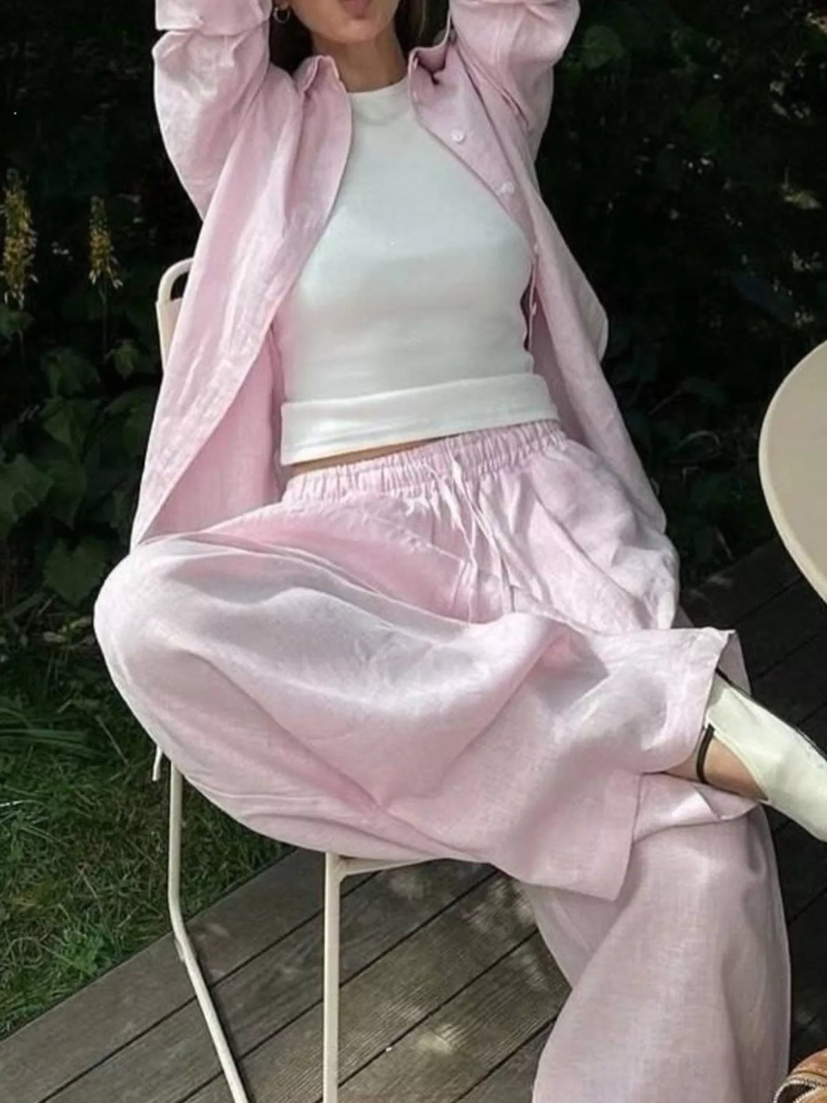 Plush Fashion Hub loungewear set featuring a button-up shirt and drawstring pants in soft, comfortable fabric.