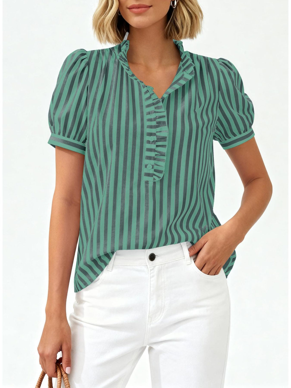 Women's striped puff sleeve blouse with ruffled details by Plush Fashion Hub, featuring a stylish and feminine design.