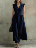 V-neck puff-sleeve casual dress with pockets by FitiqueFit, made of cotton linen in seven colors.
