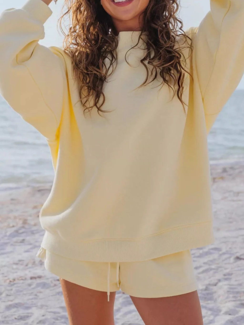 Trendsi relaxed fit round neck sweatshirt and shorts set, casual 2-piece loungewear in soft fabric, shown on a model.