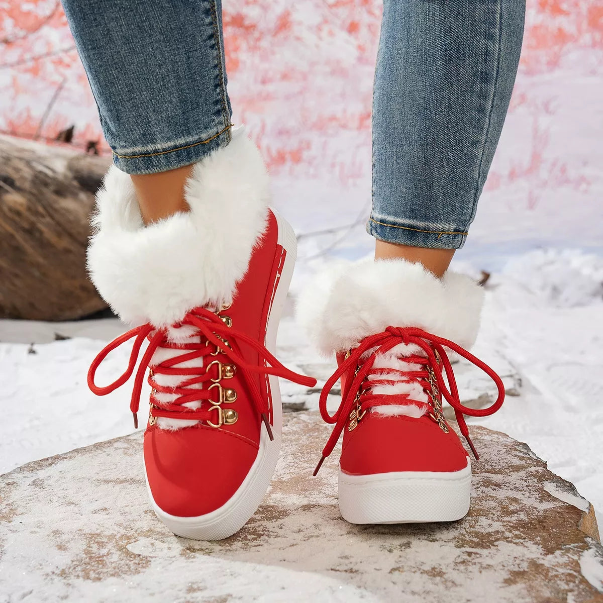 Fuzzy trim lace-up ankle boots by Simply Love featuring a cozy, textured design and sturdy soles for stylish comfort.