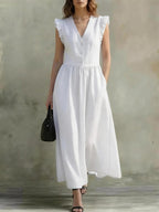 V-Neck puff-sleeve casual dress by FitiqueFit with pockets, made of cotton linen in seven colors, perfect for relaxed wear.