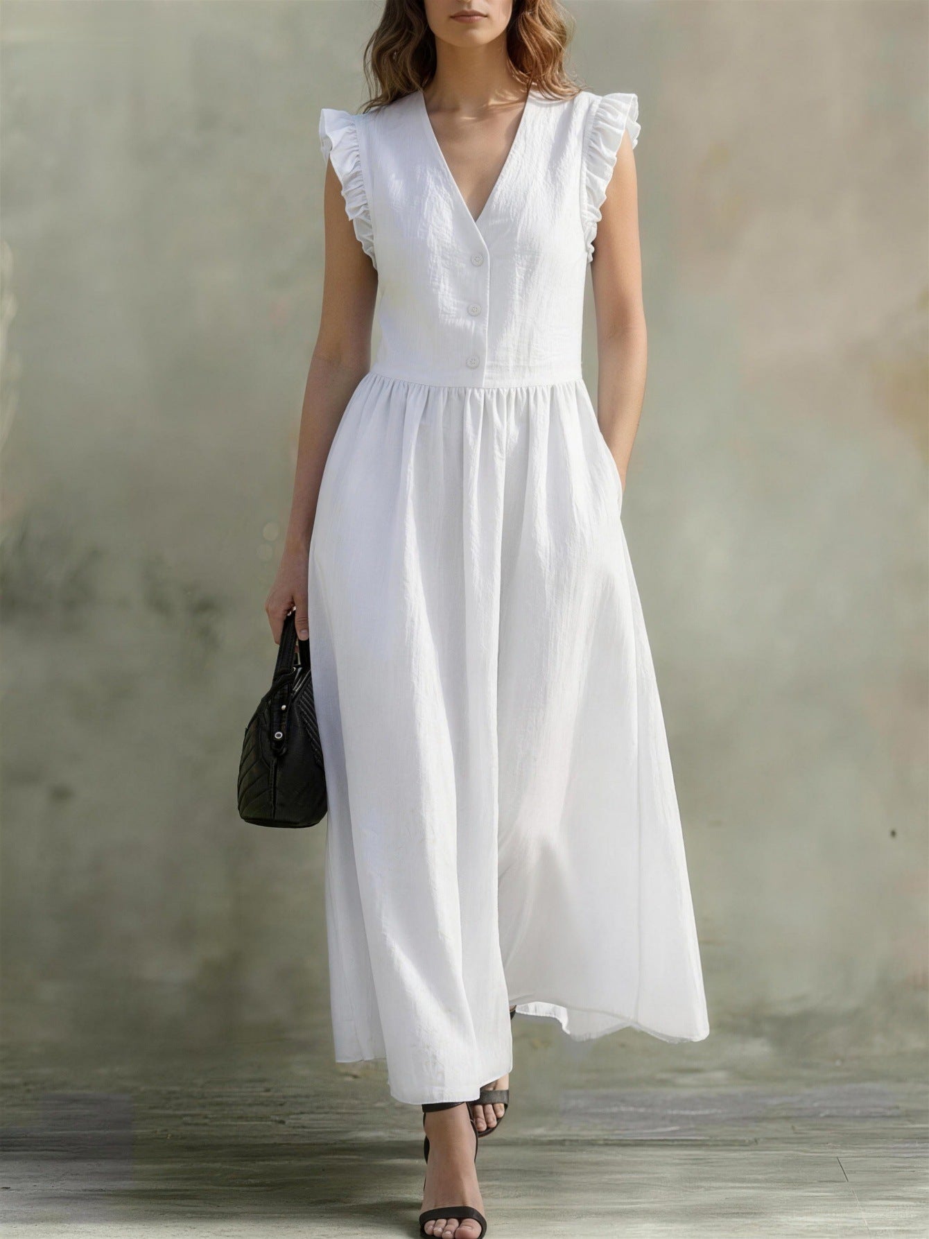 V-Neck puff-sleeve casual dress by FitiqueFit with pockets, made of cotton linen in seven colors, perfect for relaxed wear.