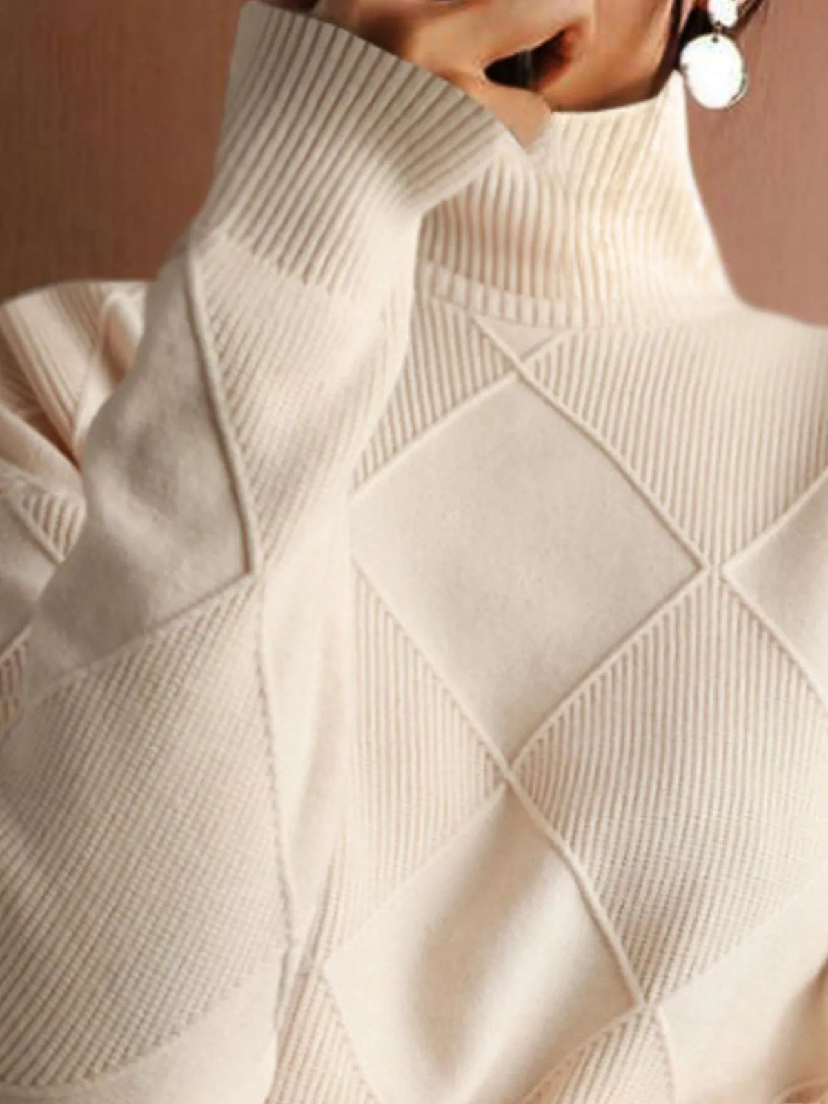 Argyle pattern turtleneck sweater by Trendsi, featuring a classic knit design in vibrant colors, shown on a model.