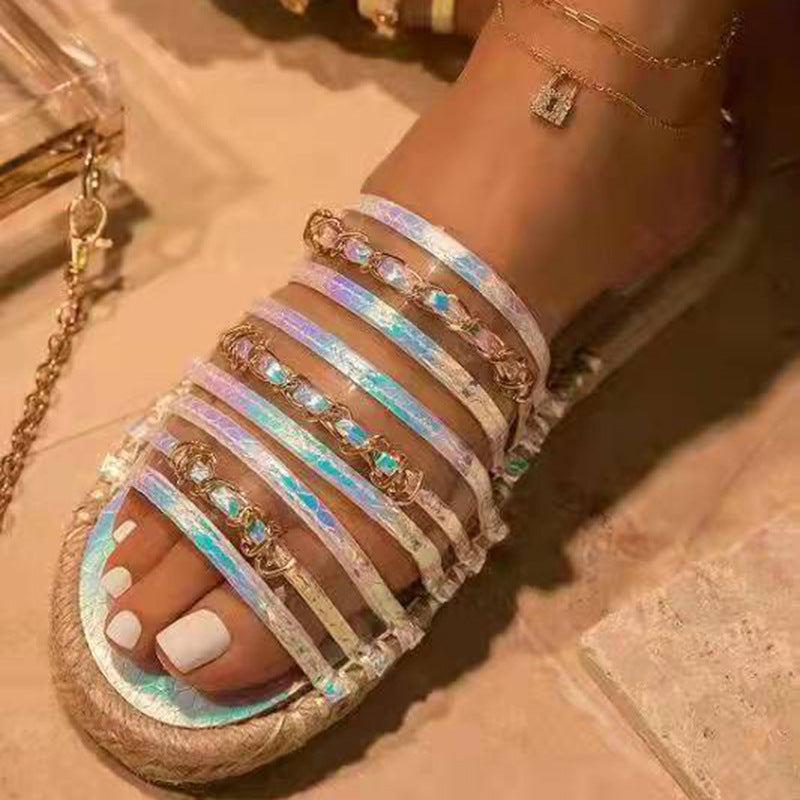Large size women's straw sandals with thick hemp rope bottom, rhinestone accents, by LadyShow.Store.