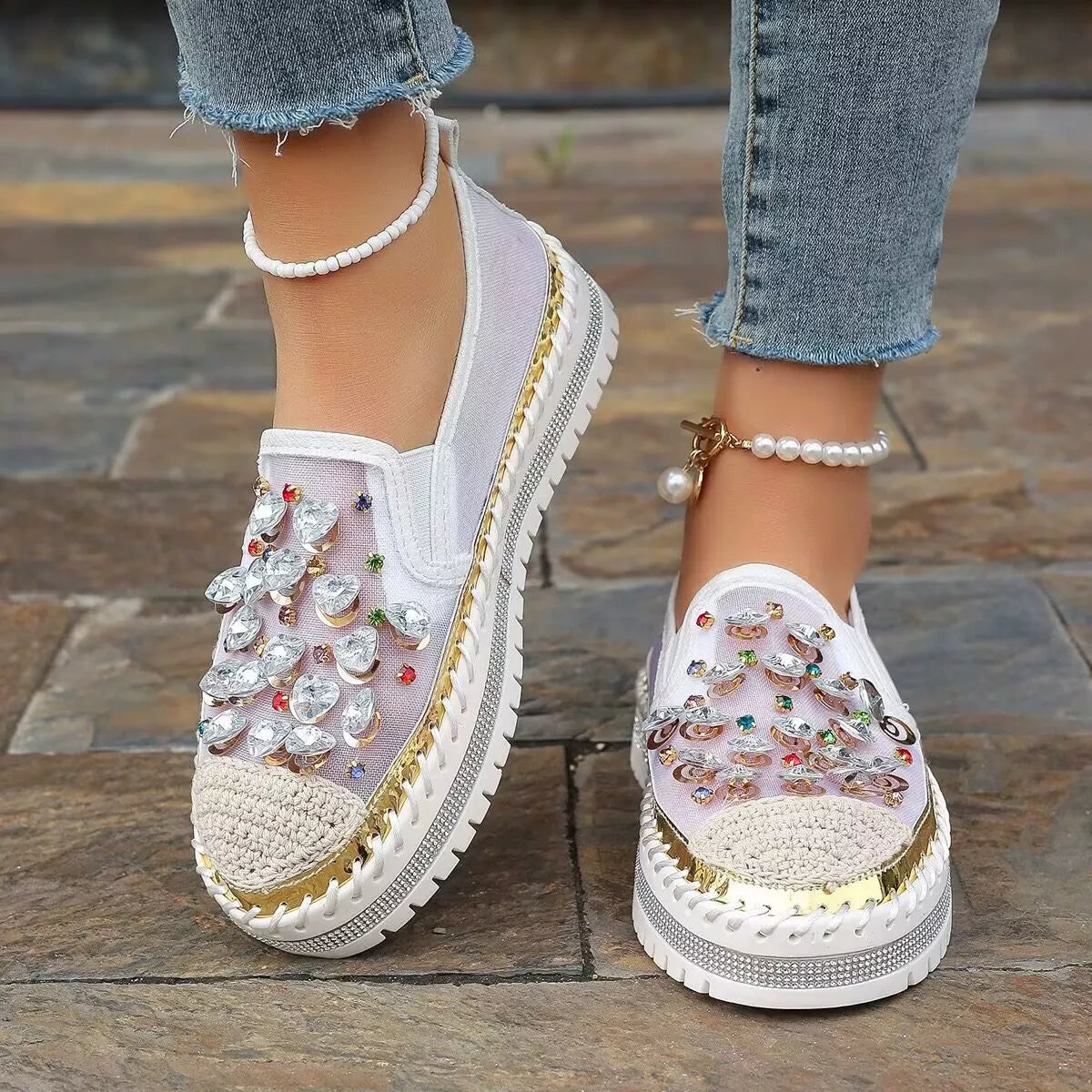 Rhinestone decor platform loafers by Trendsi, stylish footwear with sparkling rhinestone embellishments and chunky platform sole.