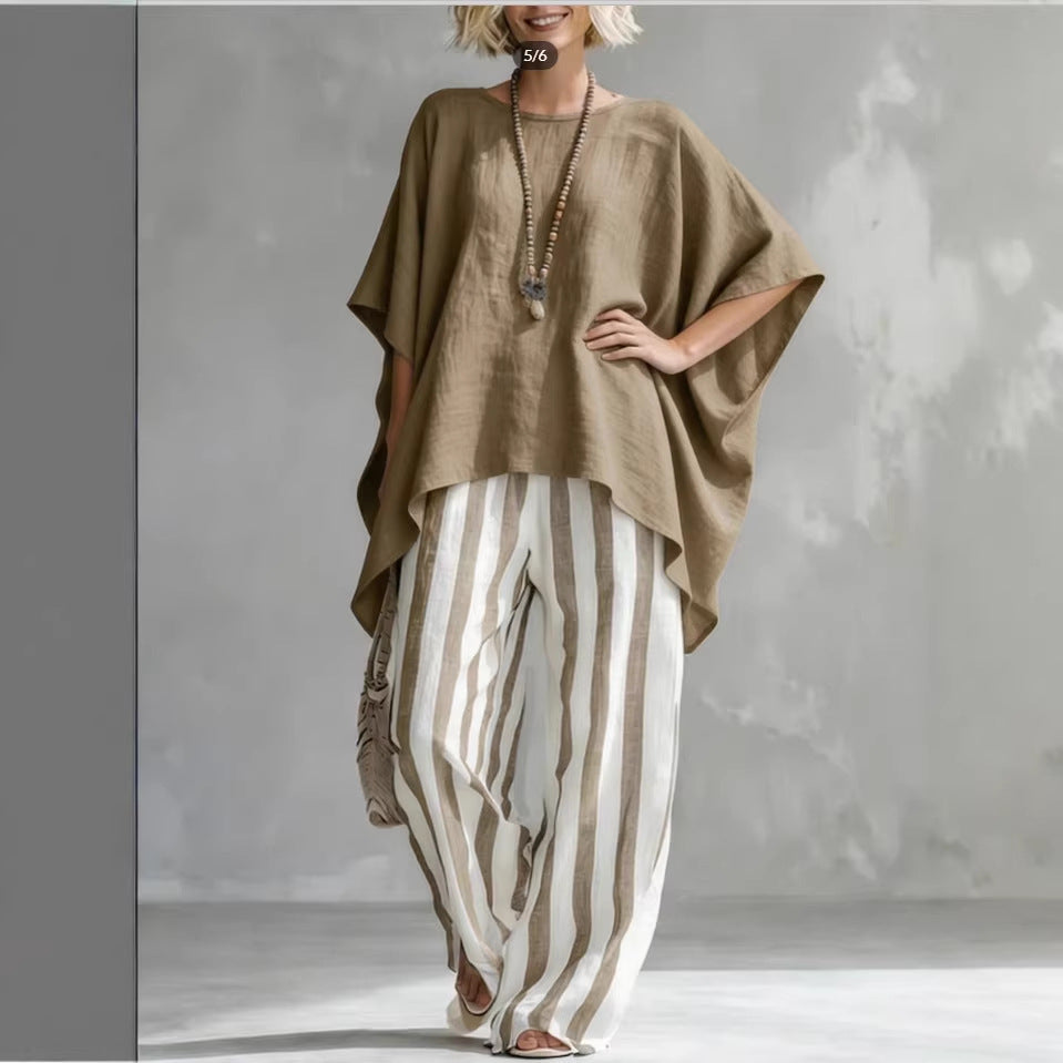 Women's striped batwing-sleeve linen two-piece set by FitiqueFit, featuring a loose, casualwear style with relaxed fit and breathable fabric.