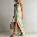 Striped sleeveless maxi dress with stand collar, side slit, and A-line fit by FitiqueFit, casualwear perfect for warm weather.
