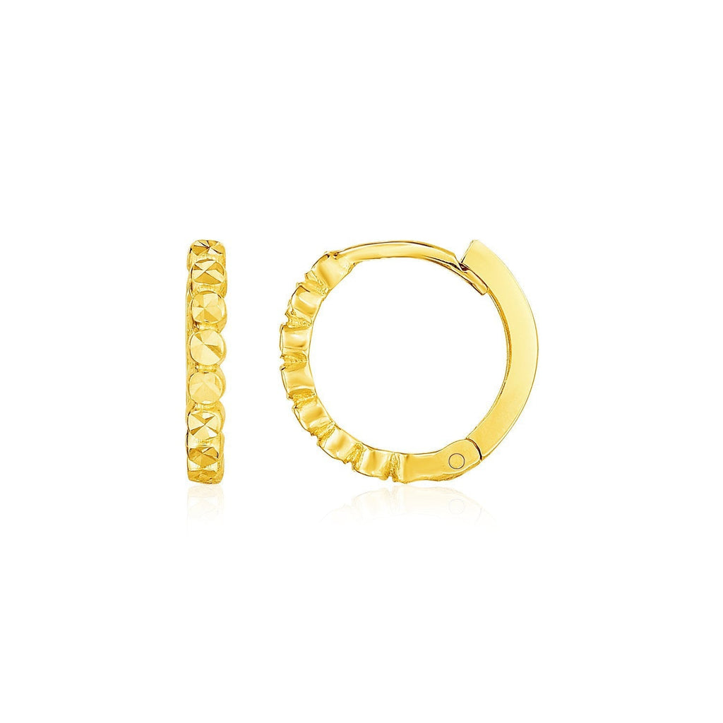 14k yellow gold petite textured round hoop earrings, lightweight jewelry with a polished finish, perfect for everyday wear