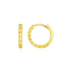14k yellow gold petite textured round hoop earrings, lightweight jewelry with a polished finish, perfect for everyday wear