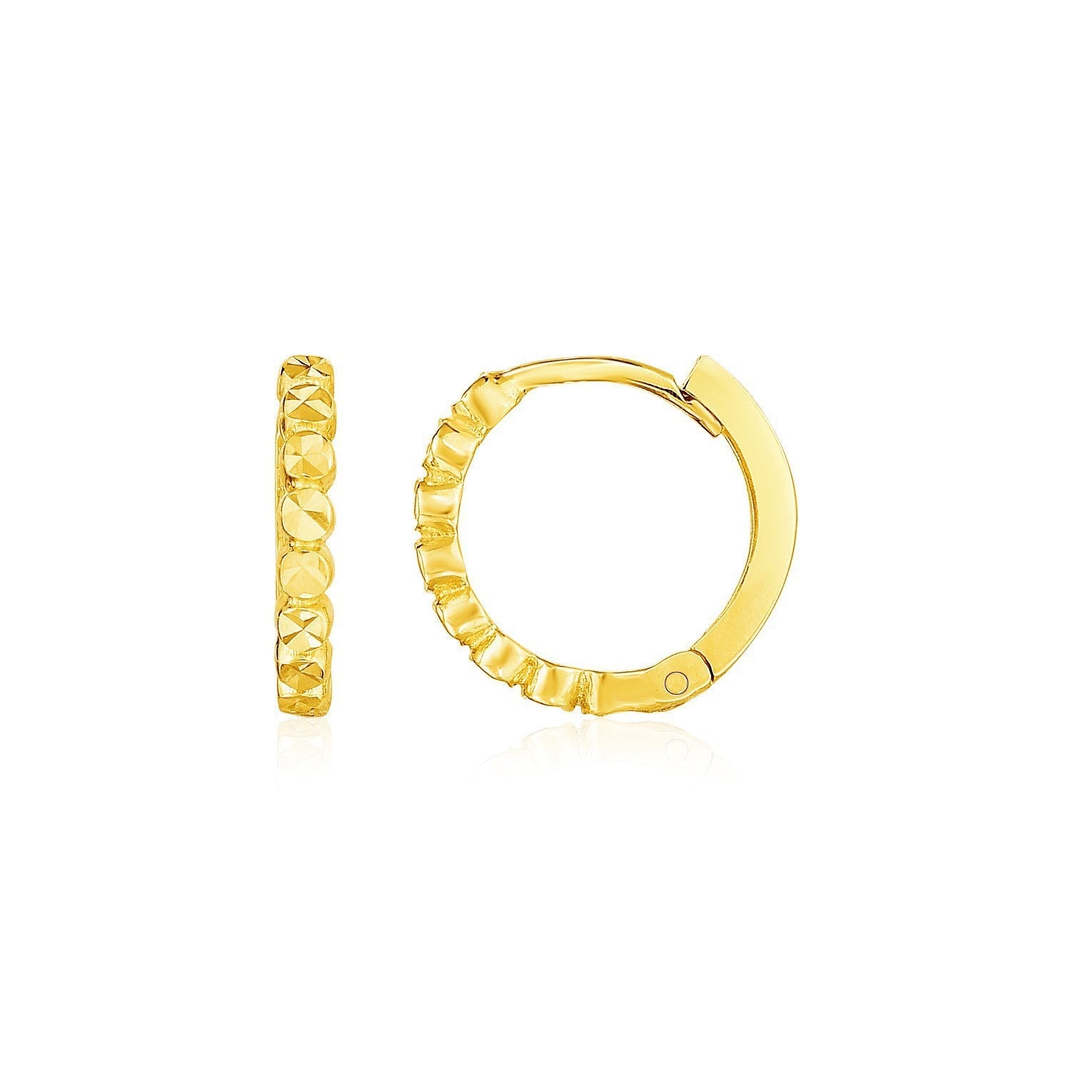 14k yellow gold petite textured round hoop earrings, lightweight jewelry with a polished finish, perfect for everyday wear