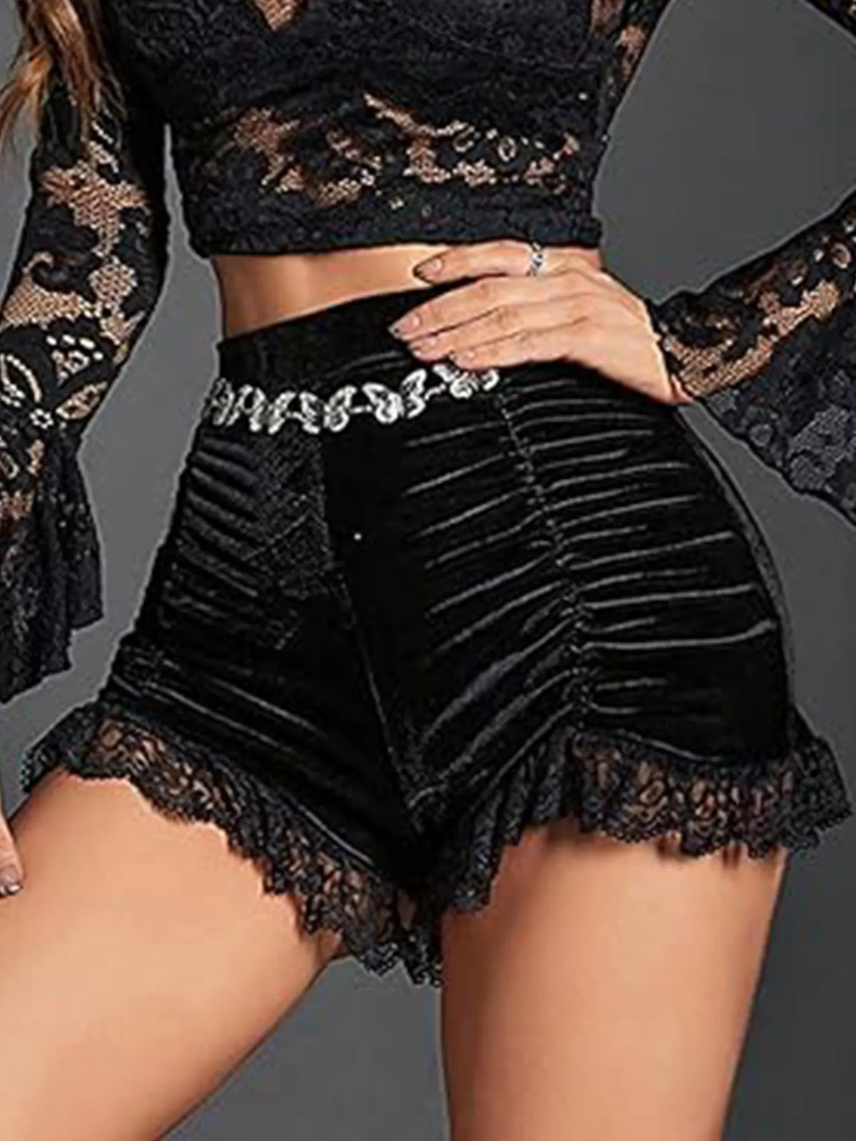 Velvet ruched lace trim shorts from Plush Fashion Hub featuring a soft velvet fabric and delicate lace detailing.