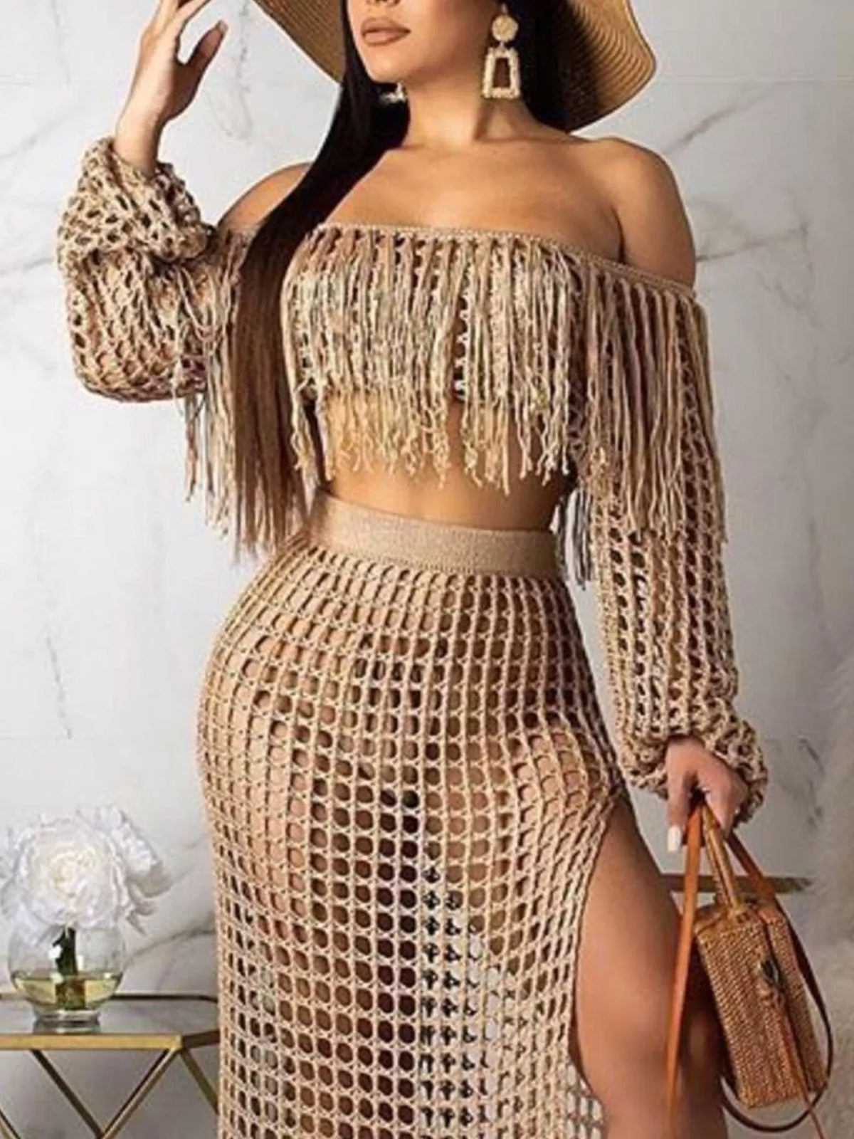 Plus size crochet off-shoulder fringe top and matching skirt set by Plush Fashion Hub, featuring a stylish boho look.