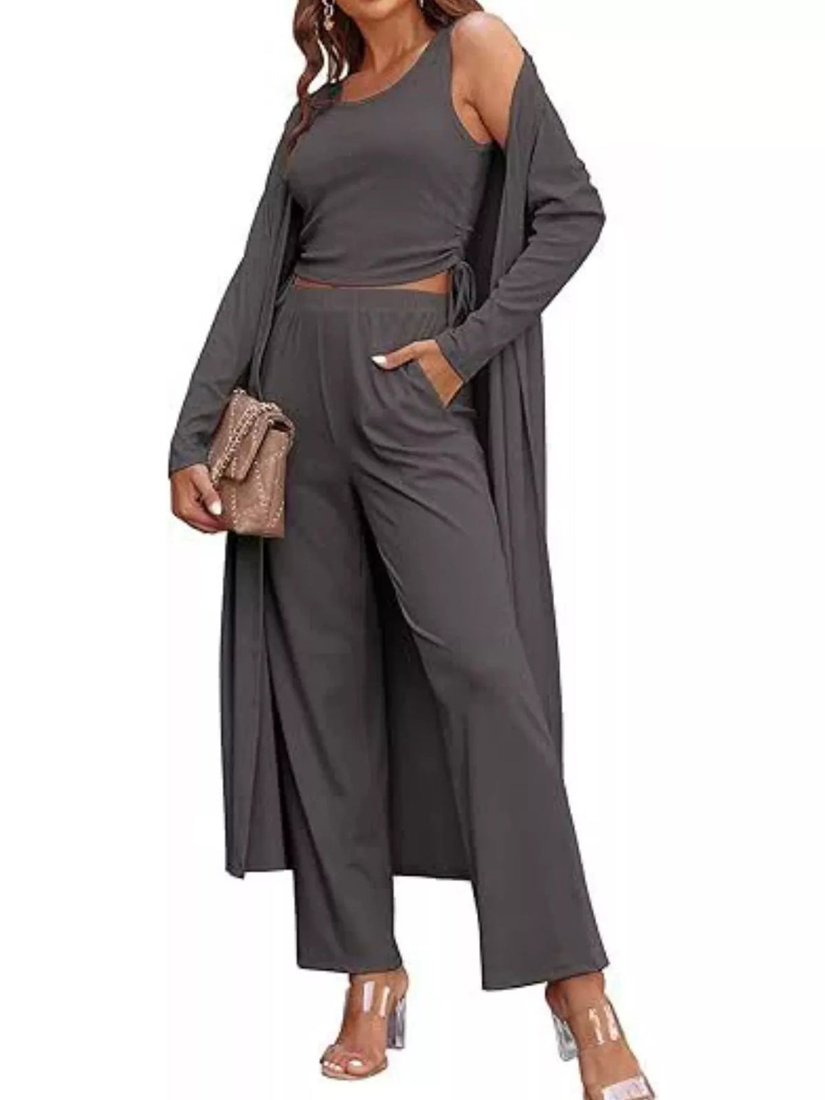 Plush Fashion Hub round neck tank cardigan and matching pants loungewear set, soft fabric, comfortable casual outfit.