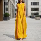 Women's linen sleeveless striped maxi dress by FitiqueFit, casualwear with a loose fit and stylish vertical stripes.