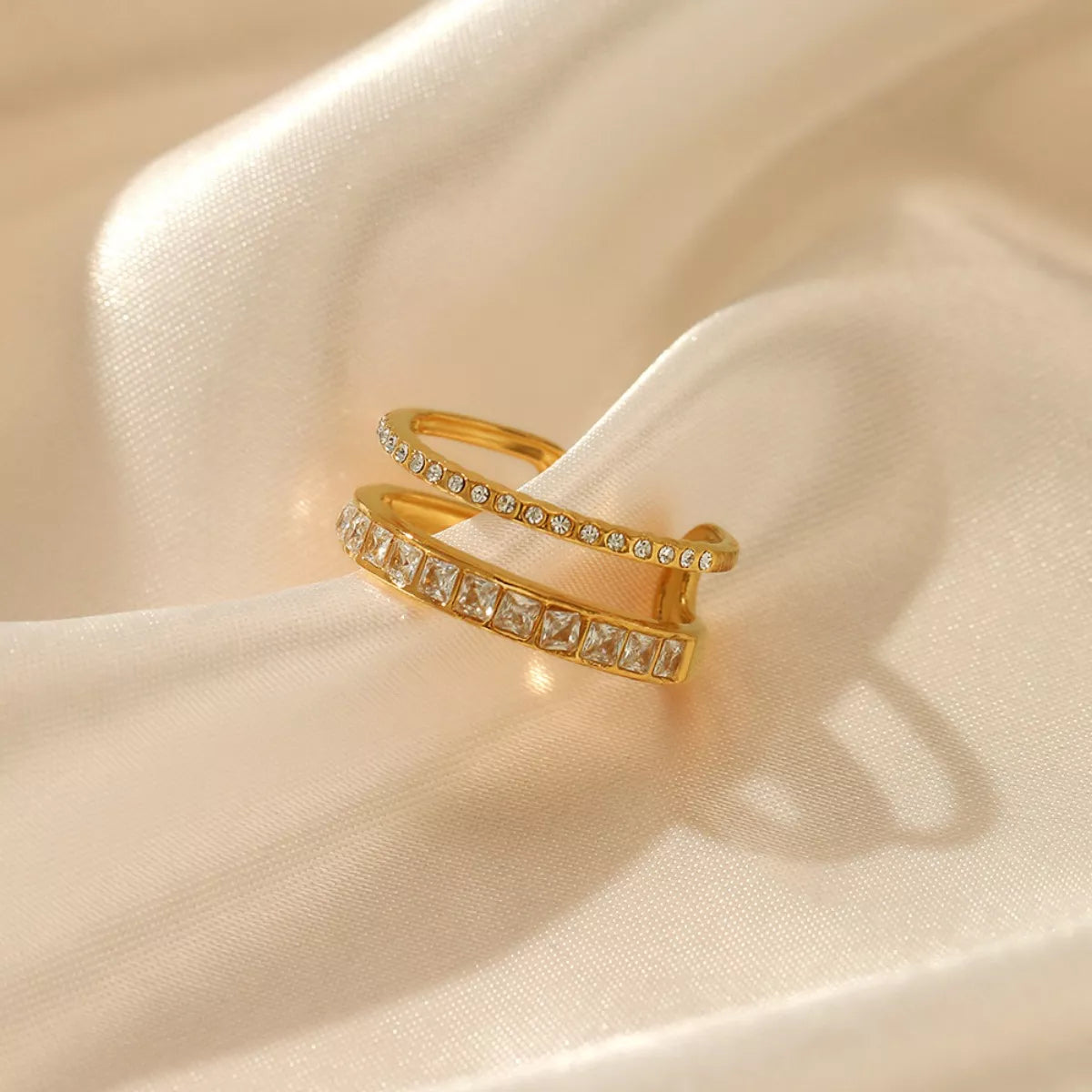 18K gold-plated rhinestone open ring with sparkling stones, stylish jewelry piece from Plush Fashion Hub.