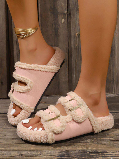 Fluffy Contrast Open Toe Slippers - Plush Fashion Shop #