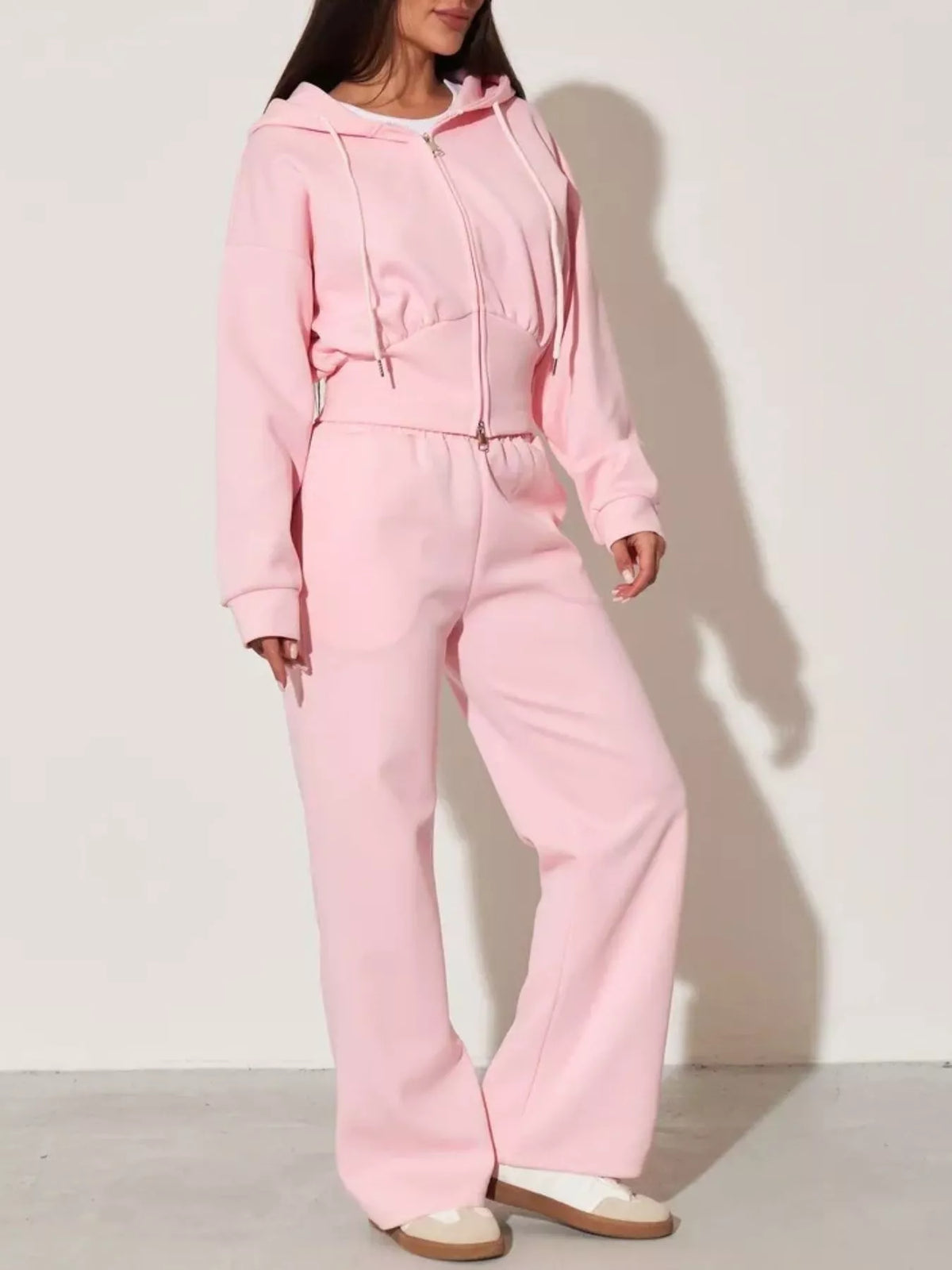 Plush Fashion Hub zip-up hoodie and wide-leg pants loungewear set, soft fabric, casual style, shown on a model.