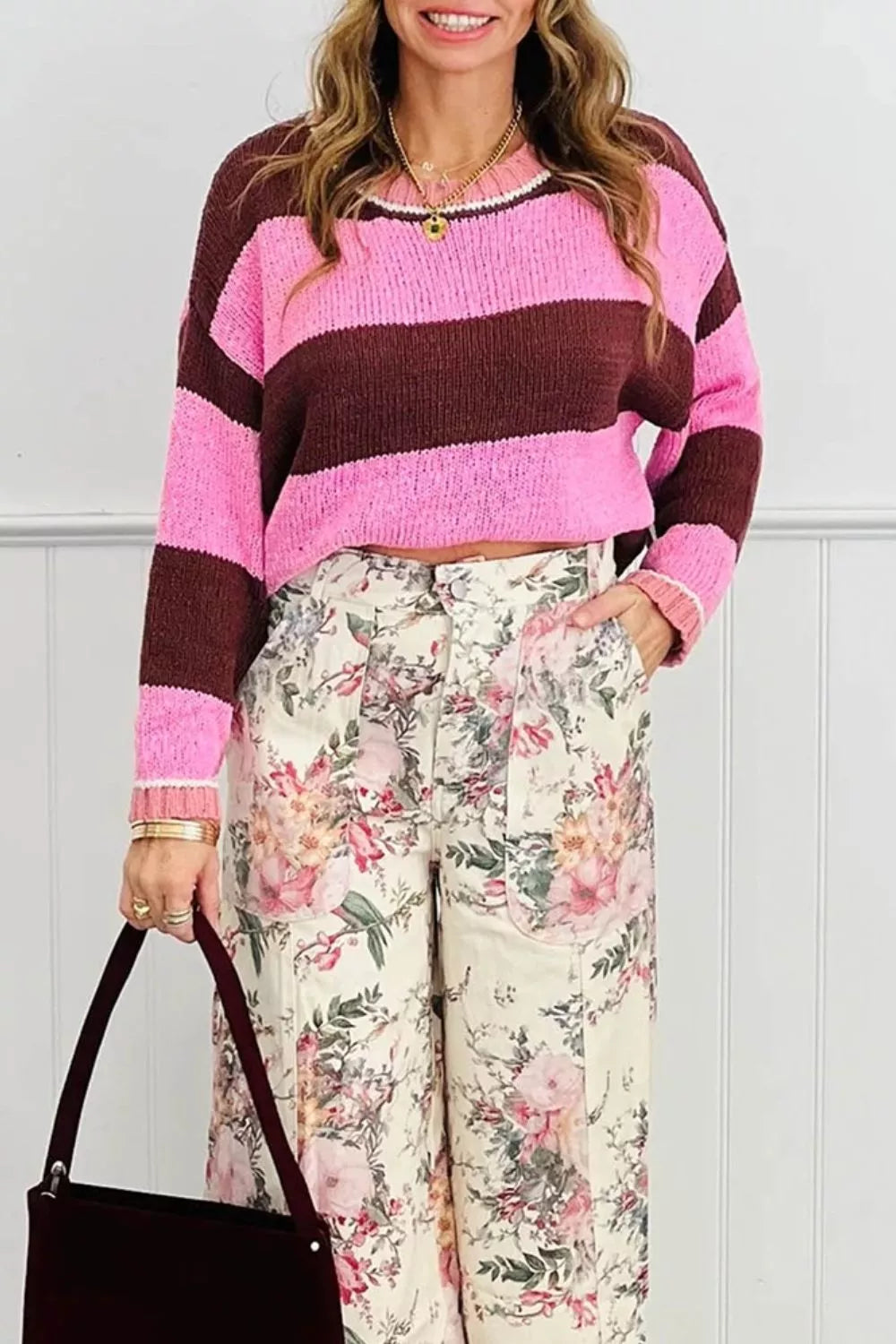 Striped drop shoulder long sleeve knit sweater with a regular fit, featuring a cozy design and casual style.