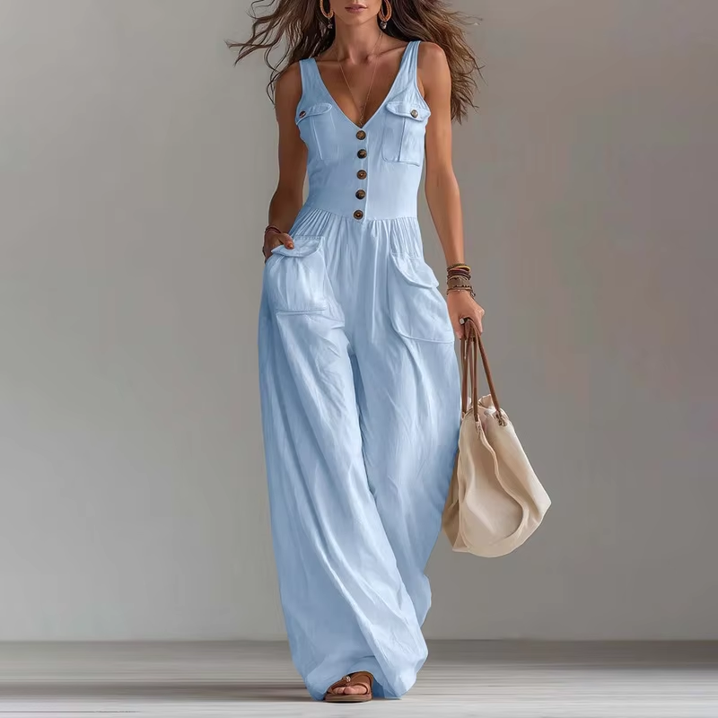 V-neck button-front vest jumpsuit from Plush Fashion Hub, stylish romper with sleeveless design and tailored fit.