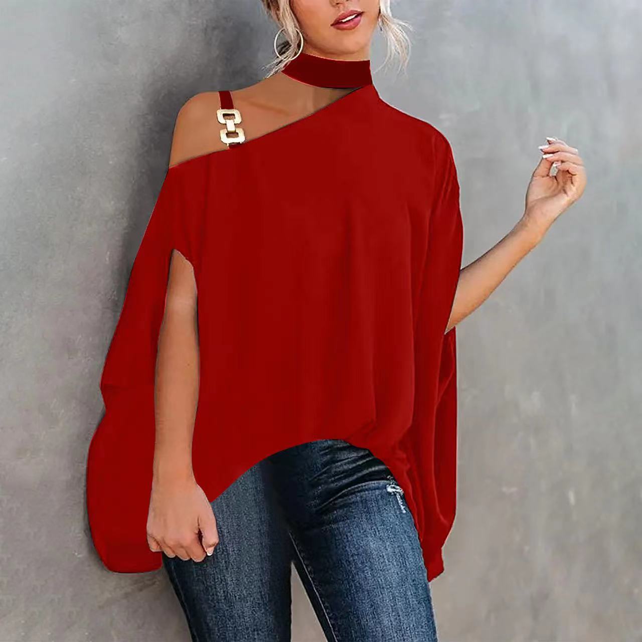 Women’s one-shoulder printed T-shirt from FitiqueFit, casual wear with a stylish one-shoulder design and colorful print.