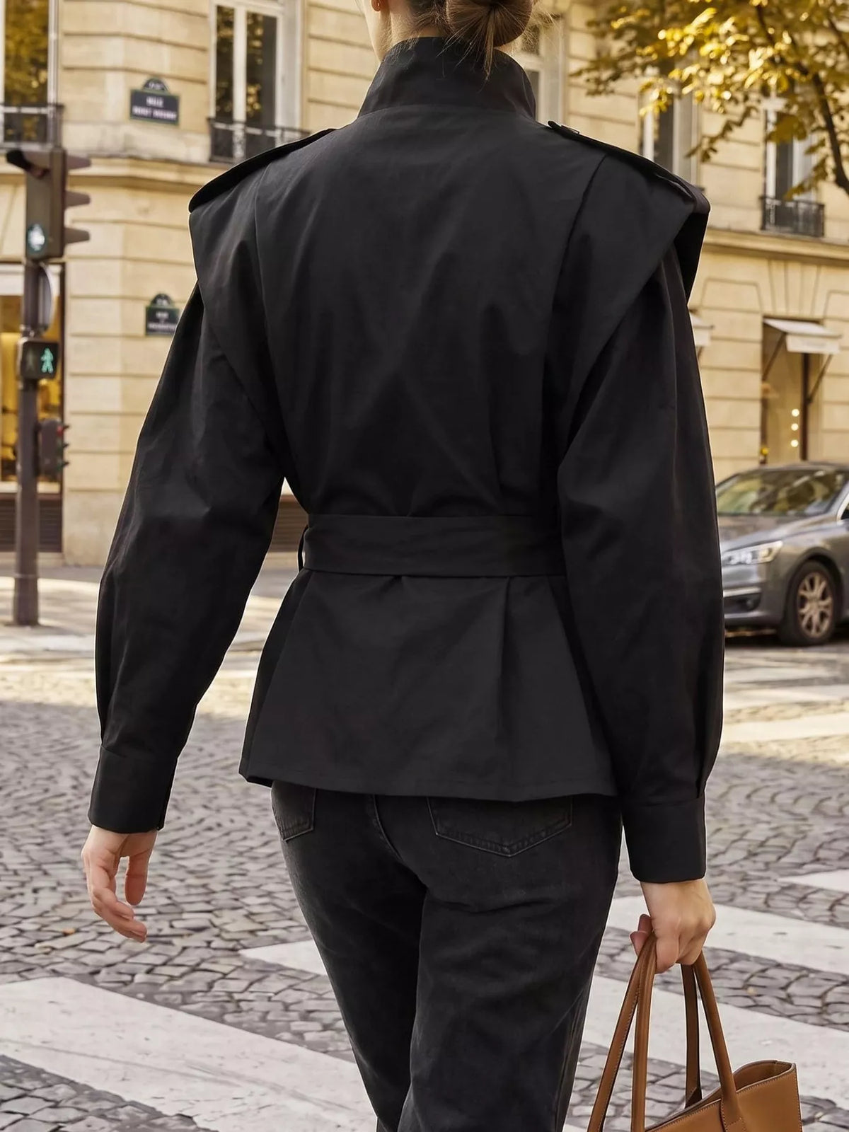 Trendsi stand-collar belted outerwear featuring a stylish design and neutral color, suitable for layered winter or fall outfits.