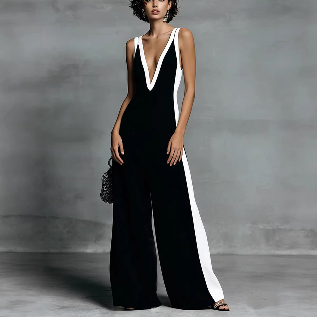 Women's color-block sleeveless V-neck jumpsuit with wide-leg pants, casual French style by Plush Fashion Hub.