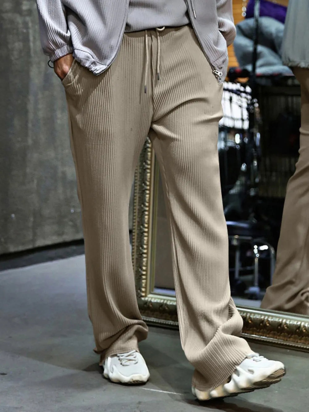Men's ribbed drawstring wide-leg pants in plus size from Trendsi, featuring a comfortable fit and full-length design.