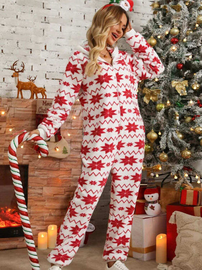 Fuzzy Geometric Half Zip Hooded Pajamas with red and white pattern, holiday-themed setting.