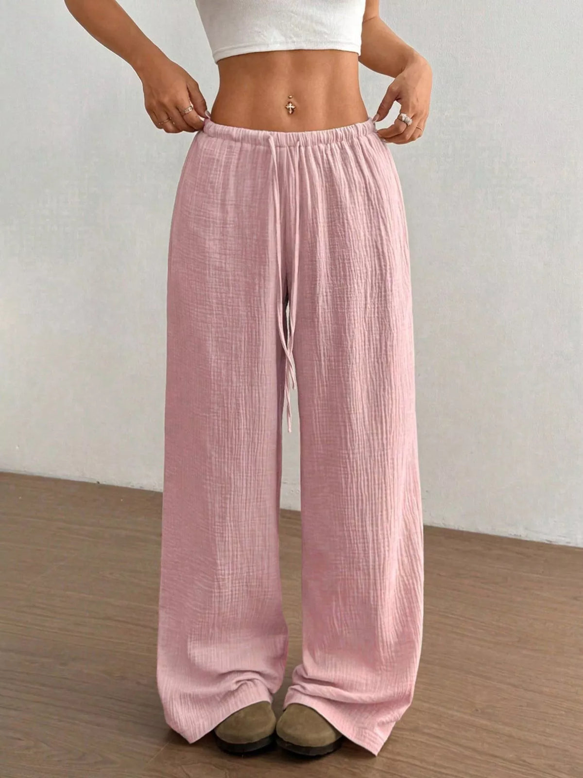 Plush Fashion Hub wide-leg drawstring pants in soft plush fabric, featuring a relaxed fit and casual style.