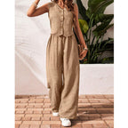 Women’s crop vest blazer and wide-leg pants set by FitiqueFit, casualwear, featuring a stylish blazer top and flowy pants.