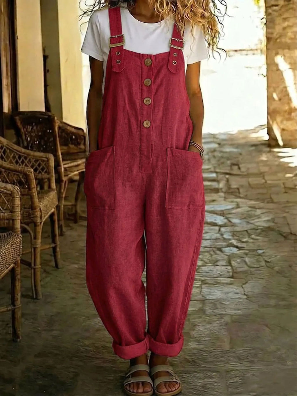 Women's vintage high-waist straight-leg overalls jumpsuit with sleeveless suspender design, from Plush Fashion Hub.