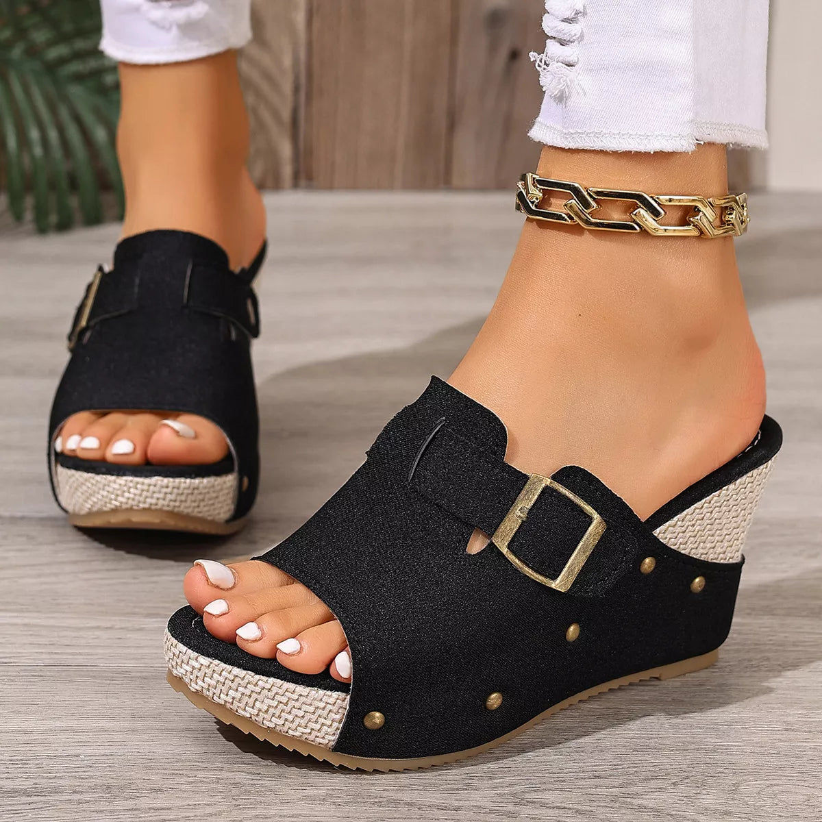 Plush Fashion Hub open toe wedge sandals with plush straps and a chunky heel, perfect for casual or summer wear