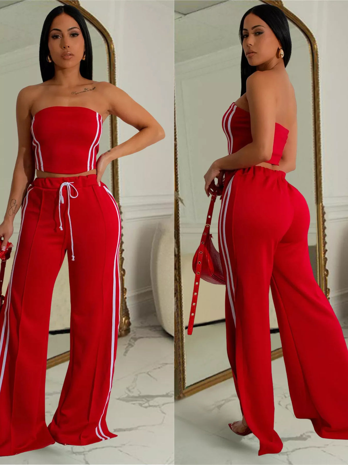 Plush Fashion Hub sleeveless tube top and wide-leg pants set, stylish casual outfit for summer wear.