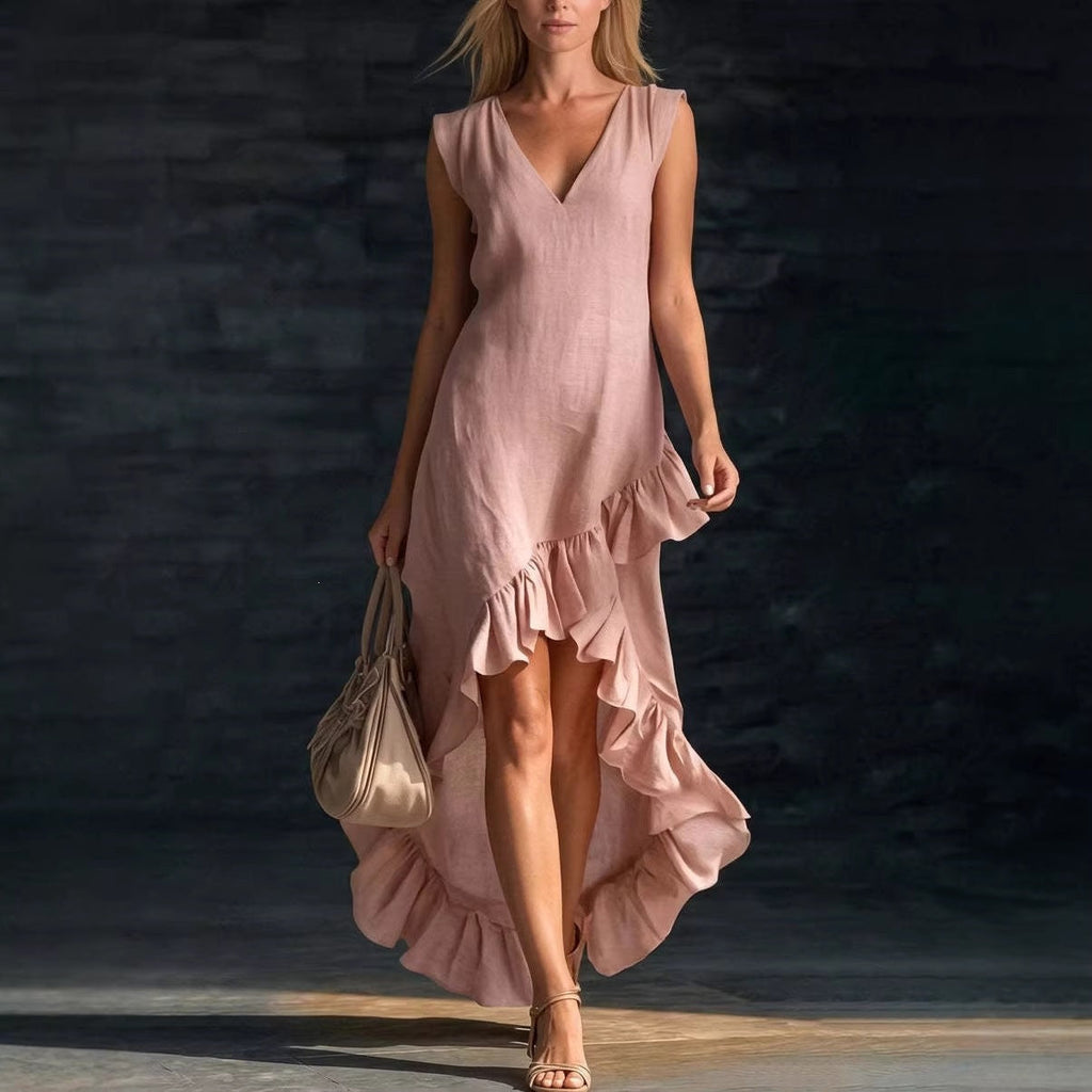 Women's sleeveless V-neck ruffle hem maxi dress made of cotton and linen, casualwear by FitiqueFit, shown in a relaxed fit.