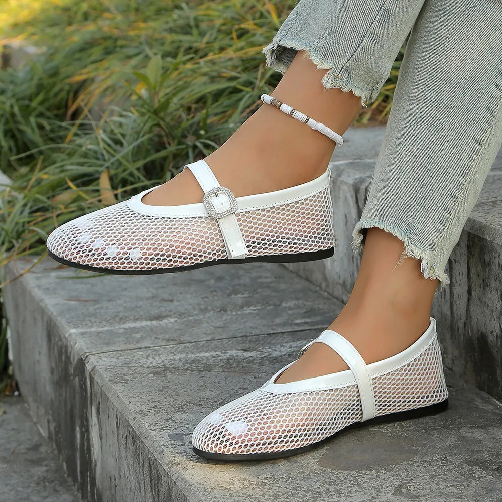 Women's breathable mesh flat summer sandals with round toes from Plush Fashion Hub, showcasing comfortable, stylish shoe design.