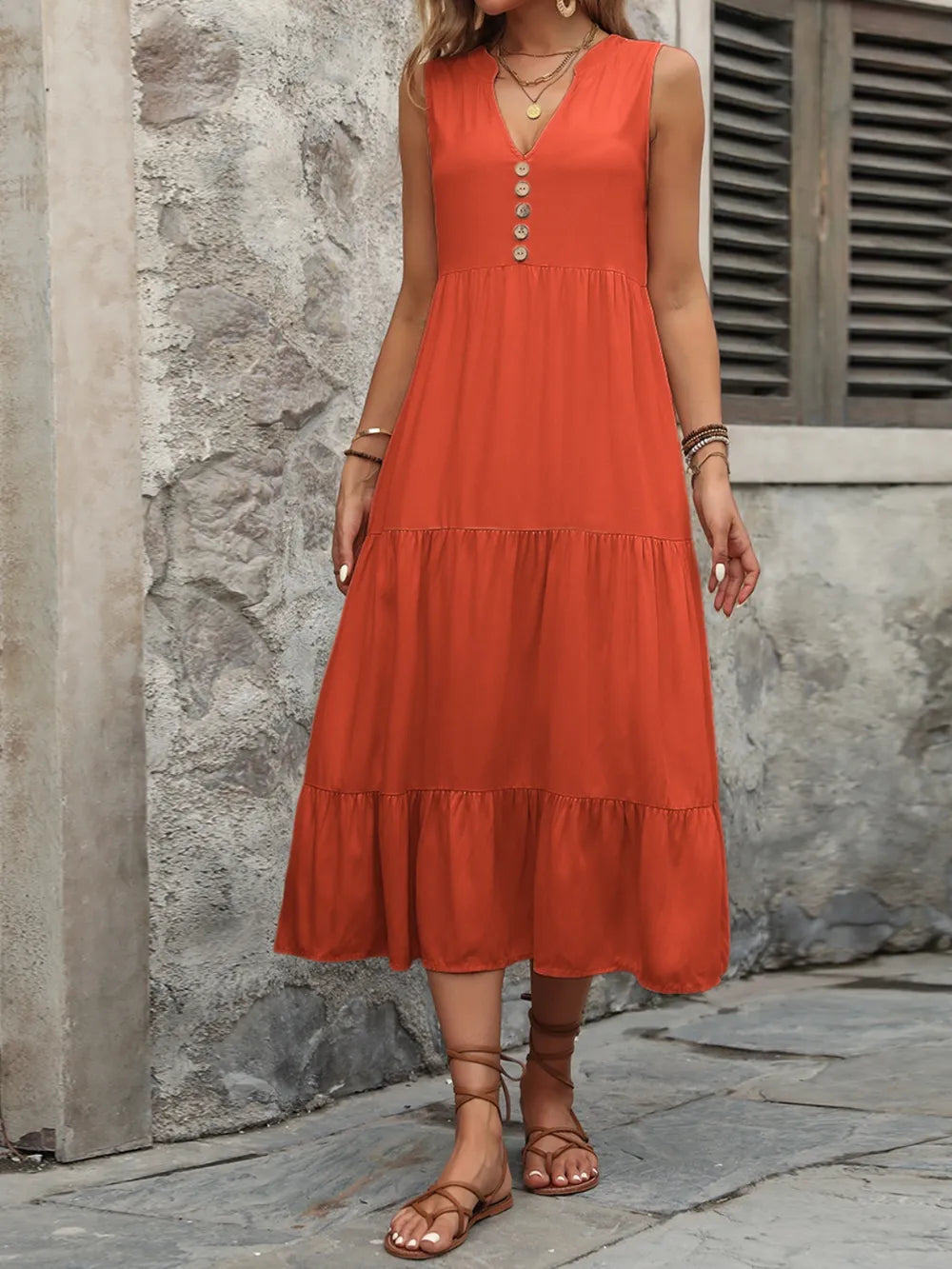 Ivy Lane women’s sleeveless cotton dress with notched neck and button-down front, stylish plush fashion hub apparel
