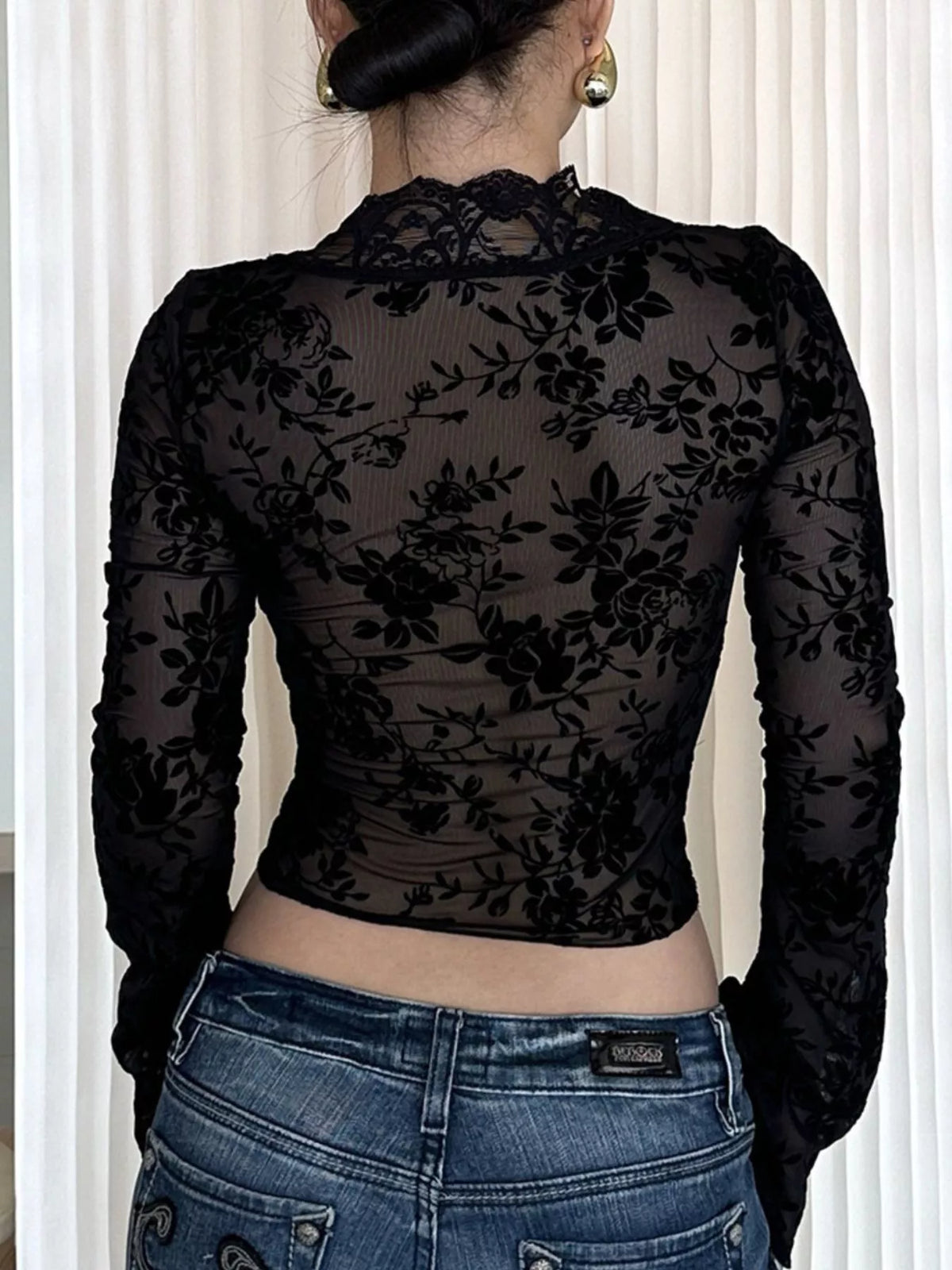 Plush Fashion Hub lace detail long sleeve top with intricate lace accents and fitted design, perfect for stylish casual wear.
